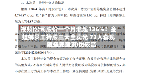 视频|公司股价一个月涨超136%!金螳螂员工持股三天全卖光 73人套现近亿元造富 比较高
收益率超300%